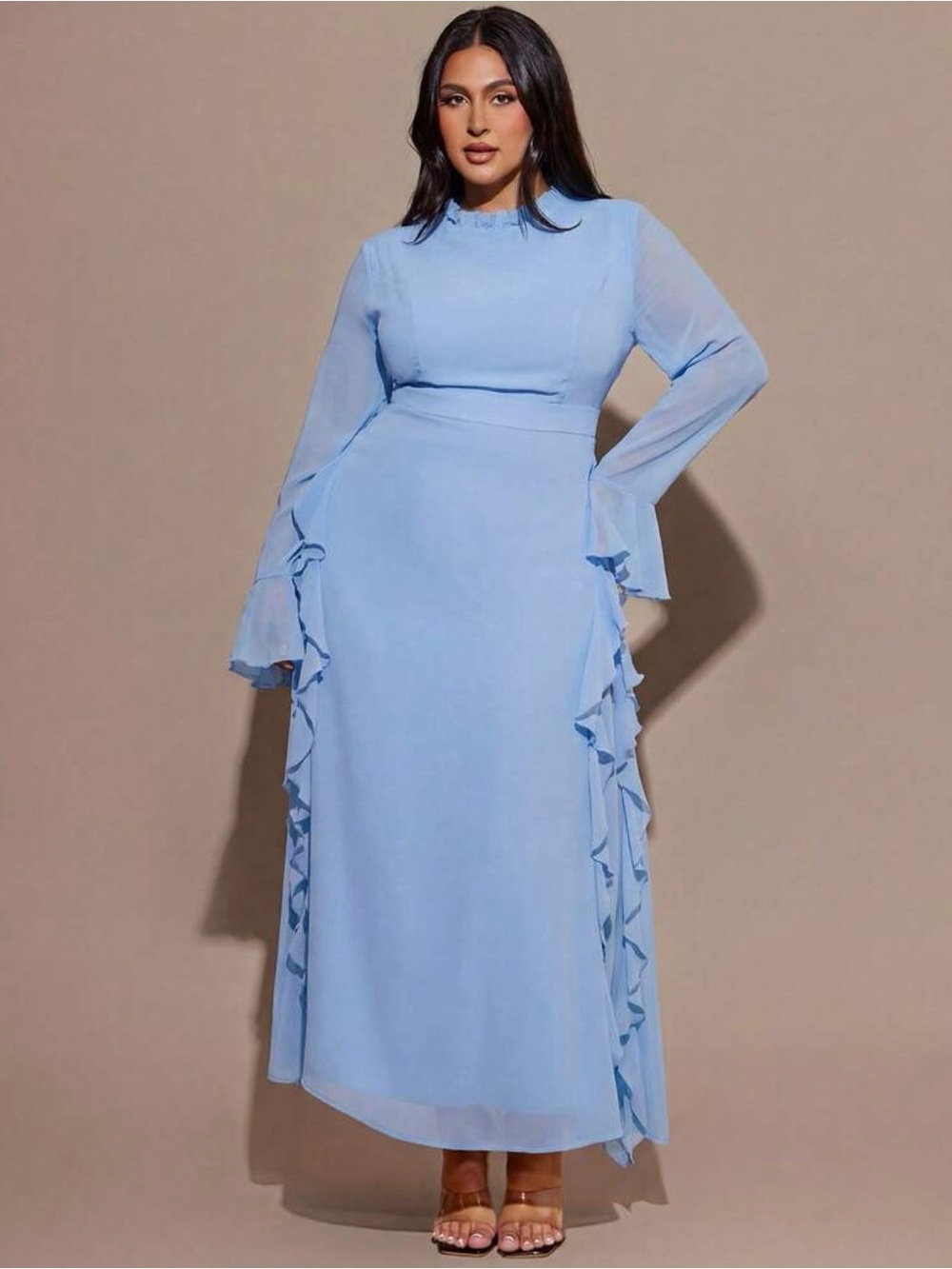 Sky Blue Ruffle Long Sleeve Maxi Dress 12 - Picture 3 of 6